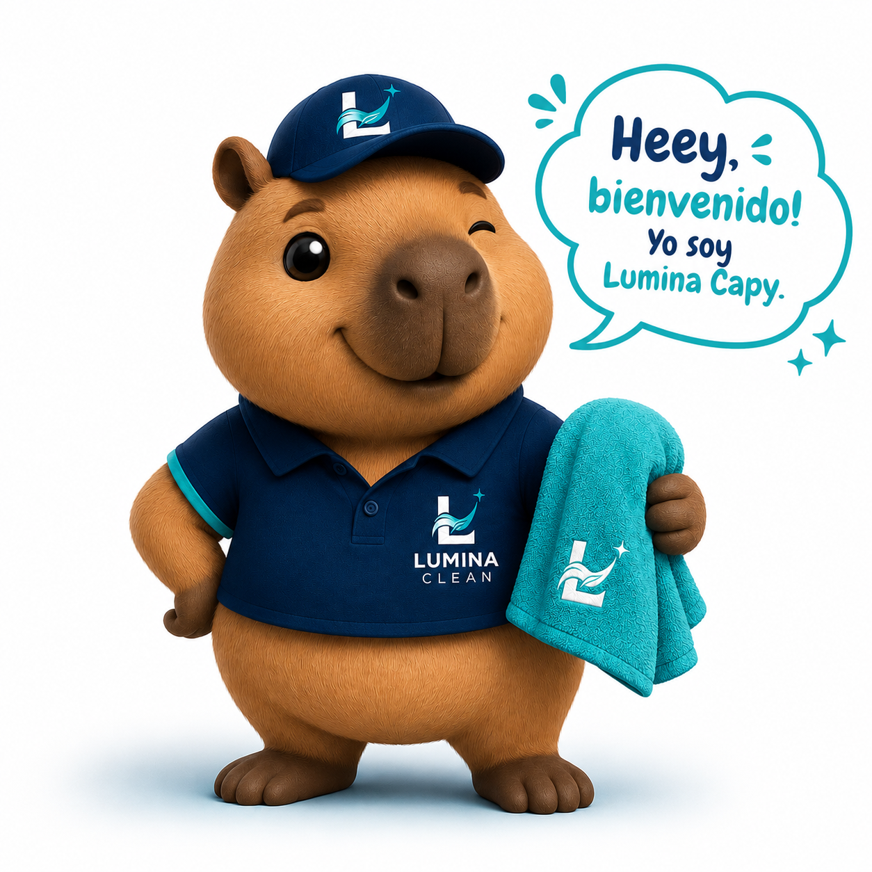 Lumina Capy, la mascota de Lumina Clean, con una toalla de limpieza